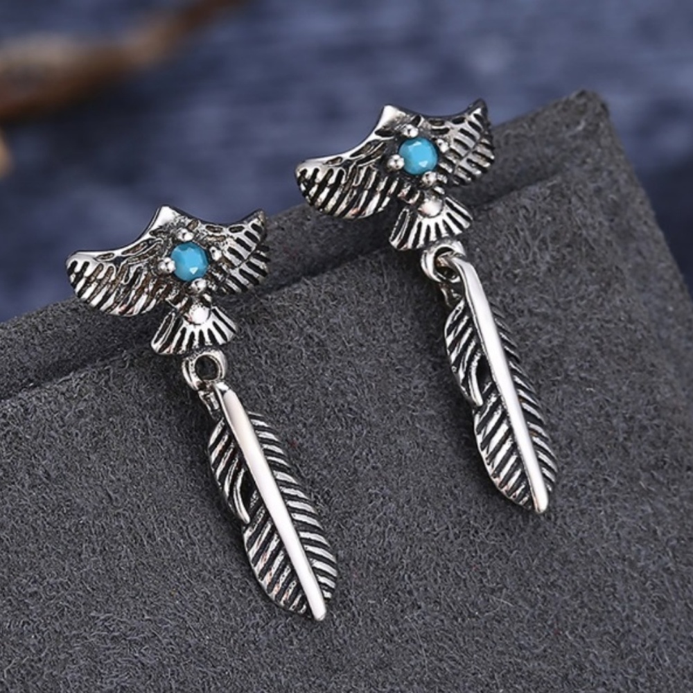 Antiqued 925 Silver Eagle & Feather Earrings